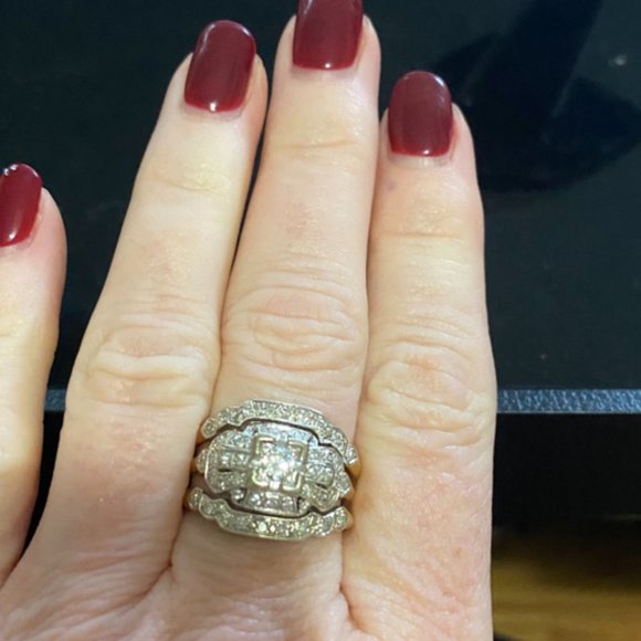 14k two tone gold three band art deco diamond wedding set sz 9.5 - Picture 2 of 5